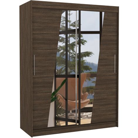 Armoire de chambre 2 portes coulissantes bois marron et miroirs en diagonale Bekone 150cm