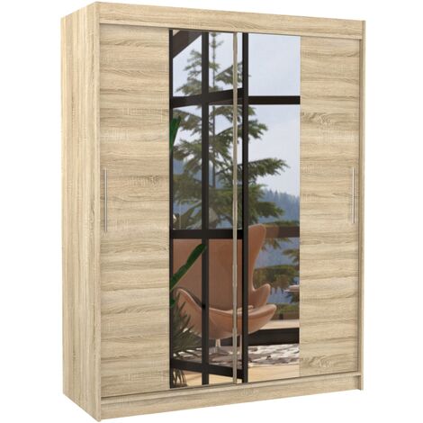 Armoire de chambre 2 portes coulissantes bois naturel et miroir Linoa 150cm