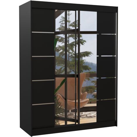 Armoire de chambre 2 portes coulissantes bois noir et miroir Norka 150cm