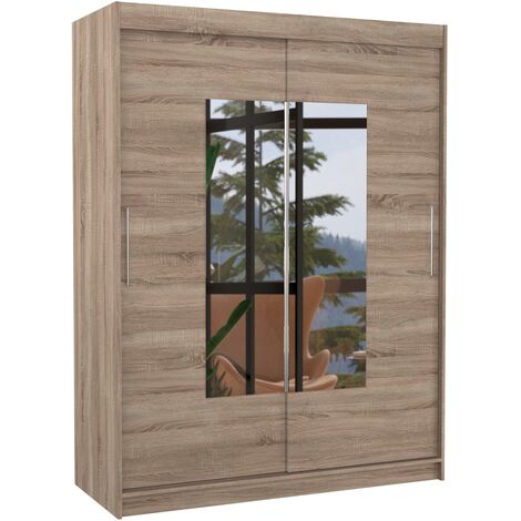 Armoire de chambre 2 portes coulissantes bois truffe et miroir Dova 150cm