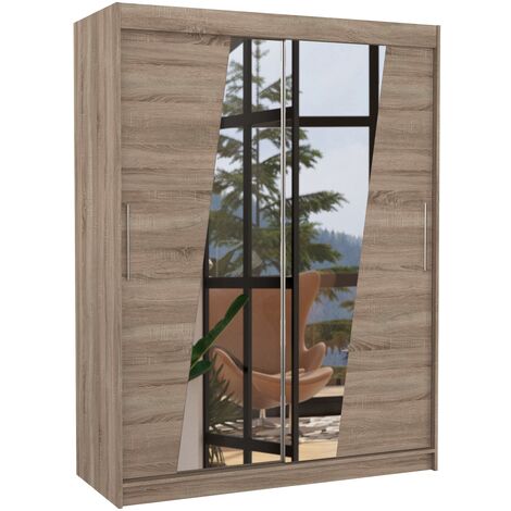 Armoire de chambre 2 portes coulissantes bois truffe et miroirs en diagonale Bekone 150cm
