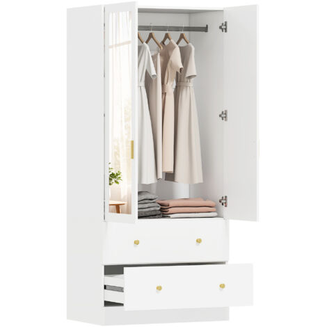 Armoire de chambre 2 portes et 2 tiroirs Armoire avec barre de miroir 80x50x180 cm Blanc