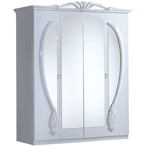 Armoire de chambre 4 portes battantes baroque bois brillant blanc Venize 190cm