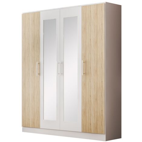 Armoire de chambre 4 portes battantes bois blanc brillant et bois naturel mat Dova 162cm