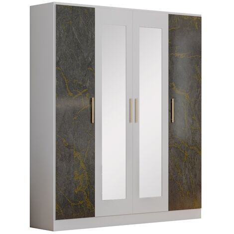 Armoire de chambre 4 portes battantes bois blanc et bois gris brillant marbré doré Dova 162cm
