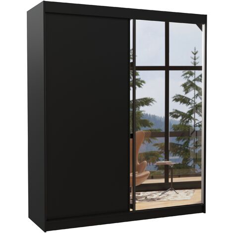Armoire de chambre à coucher 2 portes coulissantes 1 noir et 1 miroir Masso 180cm