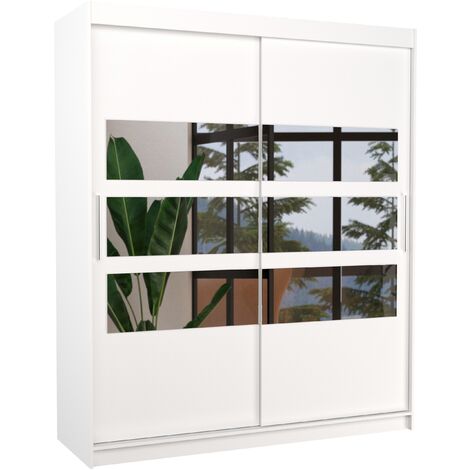 Armoire de chambre à coucher 2 portes coulissantes blanc et 6 miroirs horizontaux Dolena 180cm