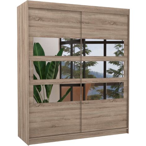 Armoire de chambre à coucher 2 portes coulissantes bois truffe et 6 miroirs horizontaux Dolena 180cm