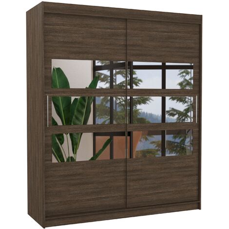 Armoire de chambre à coucher 2 portes coulissantes marron et 6 miroirs horizontaux Dolena 180cm