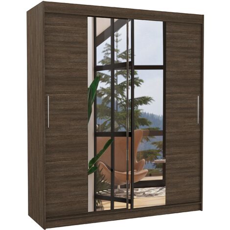 Armoire de chambre à coucher 2 portes coulissantes marron et miroir Dally 180cm