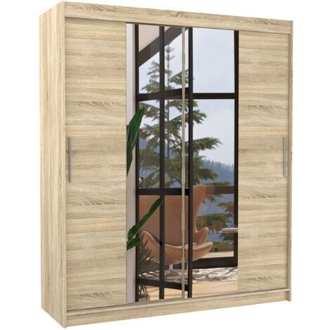 Armoire de chambre à coucher 2 portes coulissantes naturel et miroir Dally 180cm