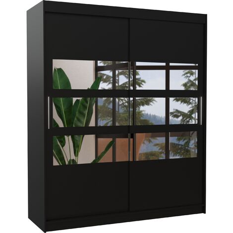 Armoire de chambre à coucher 2 portes coulissantes noir et 6 miroirs horizontaux Dolena 180cm