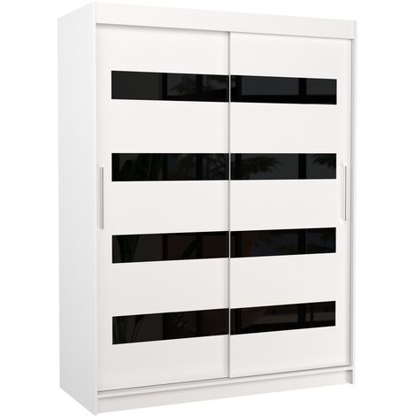 Armoire de chambre à coucher blanche 2 portes coulissantes blanc mat et noir laqué Zanko 150cm