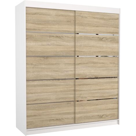 Armoire de chambre à coucher blanche 2 portes coulissantes bois clair et alu Pimka 180cm