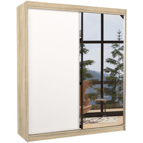 Armoire de chambre à coucher bois clair 2 portes coulissantes 1 blanche et 1 miroir Masso 180cm