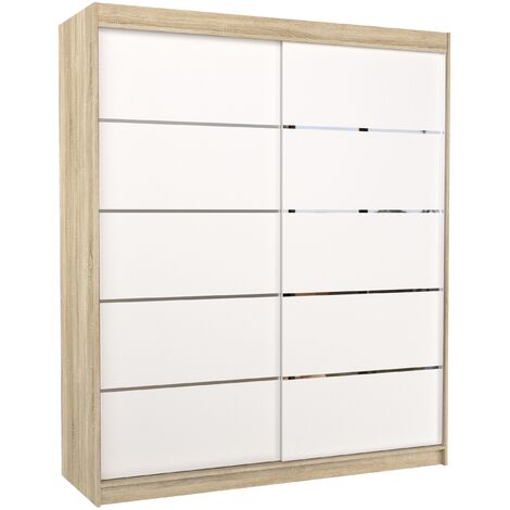 Armoire de chambre à coucher bois clair 2 portes coulissantes blanches et alu Pimka 180cm