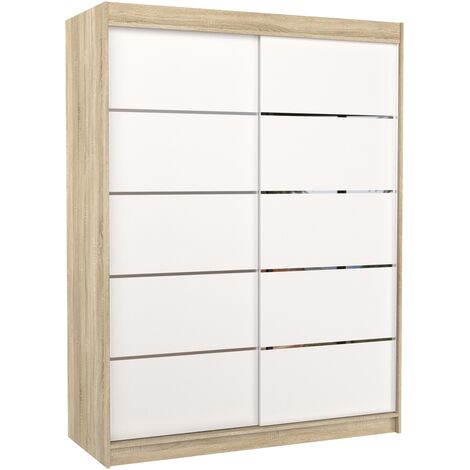 Armoire de chambre à coucher bois clair 2 portes coulissantes bois blanc et alu Kubik 150cm