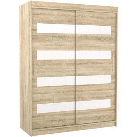 Armoire de chambre à coucher naturel 2 portes coulissantes naturel mat et blanc laqué Zanko 150cm