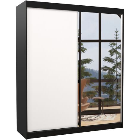 Armoire de chambre à coucher noir 2 portes coulissantes 1 blanche et 1 miroir Masso 180cm