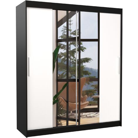 Armoire de chambre à coucher noir 2 portes coulissantes blanc et miroir Dally 180cm