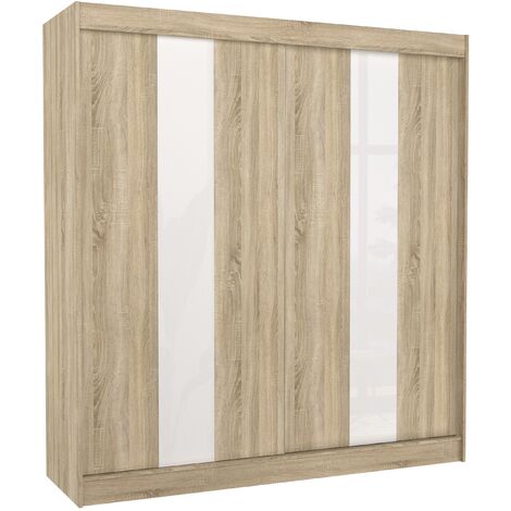 Armoire de chambre à portes coulissantes bois clair mat et blanc laqué Karola - 3 tailles-Largeur 200 cm