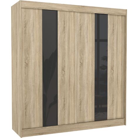 Armoire de chambre à portes coulissantes bois clair mat et noir laqué Karola - 3 tailles-Largeur 200 cm