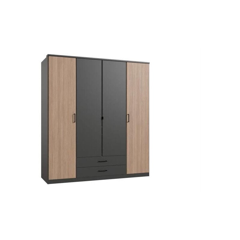 Armoire de chambre - AGIA - Graphite - 4 portes battantes - 2 tiroirs - 180 x 58 x 199 cm