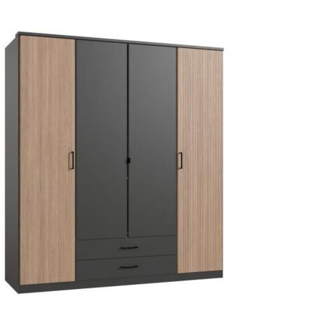 Armoire de chambre - AGIA - Graphite - 4 portes battantes - 2 tiroirs - 180 x 58 x 199 cm
