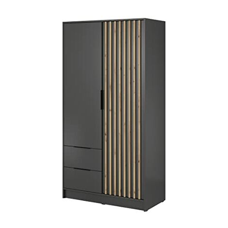 Armoire penderie 2 portes + 1 tiroir Chêne/Noir - DORON - Bois - L 90 x l  50 x H 180 cm - Armoire - Cdiscount Maison