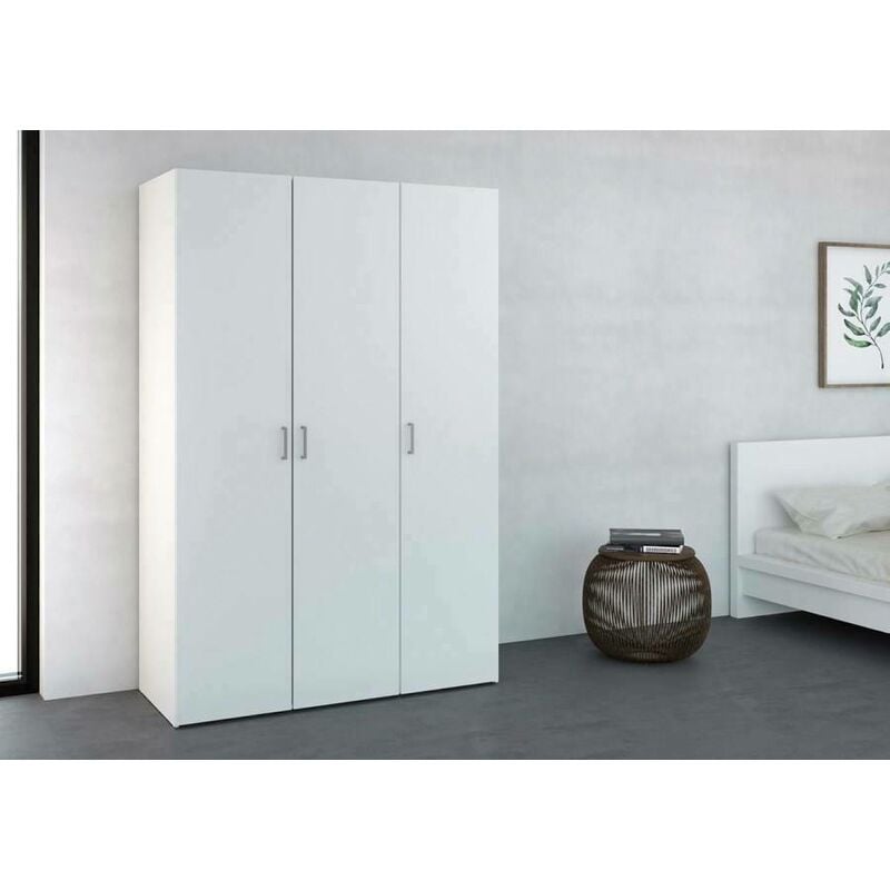 Armoire avec trois portes et quatre étagères intérieures avec barre de penderie, couleur blanche, 115 x 175 x 49 cm. - Dmora