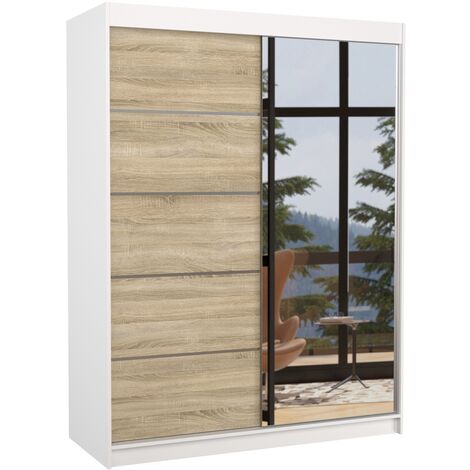Armoire de chambre blanche 2 portes coulissantes 1 naturel et 1 miroir Limka 150cm