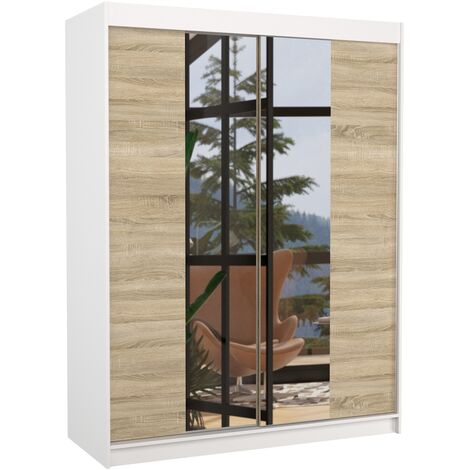 Armoire de chambre blanche 2 portes coulissantes bois clair et miroir Zomka 150cm