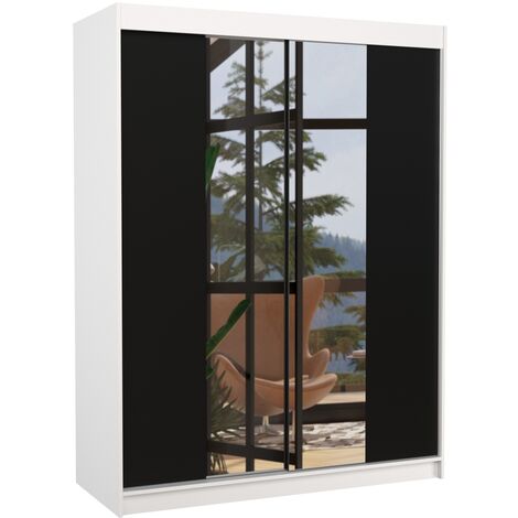 Armoire de chambre blanche 2 portes coulissantes bois noir et miroir Zomka 150cm