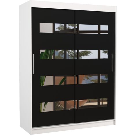 Armoire de chambre blanche 2 portes coulissantes noir et miroirs horizontaux Bozika 150cm