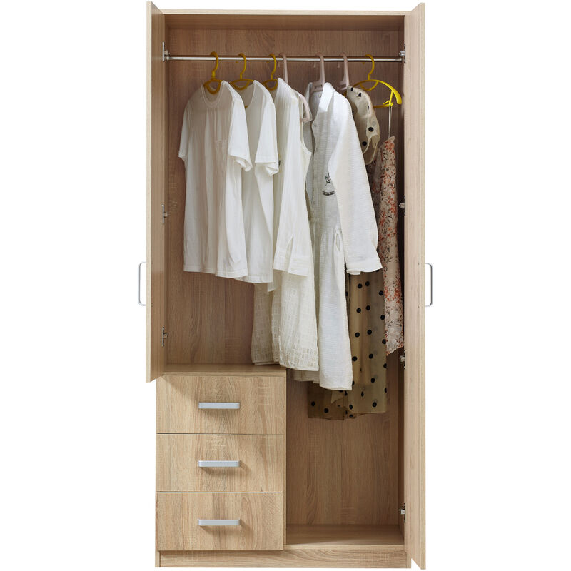 [en.casa] - Armoire de chambre Bodolz 3 tiroirs + miroir mdf 176 x 80 x 52 cm effet chêne sonoma
