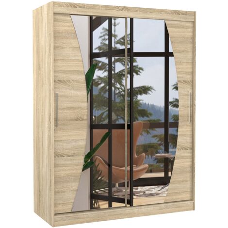 Armoire de chambre bois clair 2 portes coulissantes avec miroir Modela 150cm