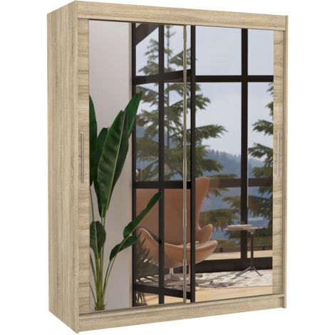 Armoire de chambre bois clair 2 portes coulissantes avec miroir Prima 150cm