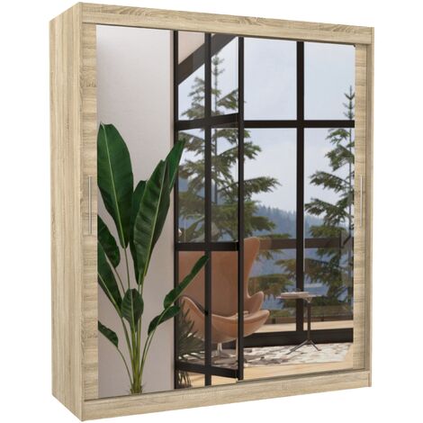 Armoire de chambre bois clair 2 portes coulissantes avec miroir Toraz 180cm