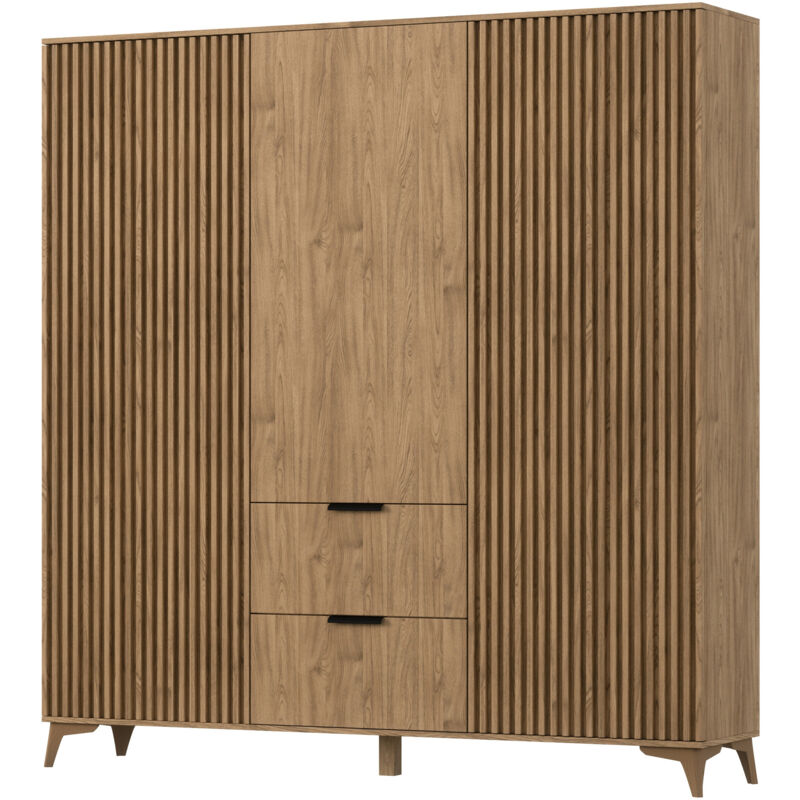 Les Tendances – Armoire de chambre bois clair rainuré 185x60x192cm – 3 portes, 2 tiroirs, 6 étagères – Fabrication européenne, garantie 5 ans Les Tendances – Armoire de chambre bois clair rainuré 185x60x192cm – 3 portes, 2 tiroirs, 6 étagères – Fabrication européenne, garantie 5 ans