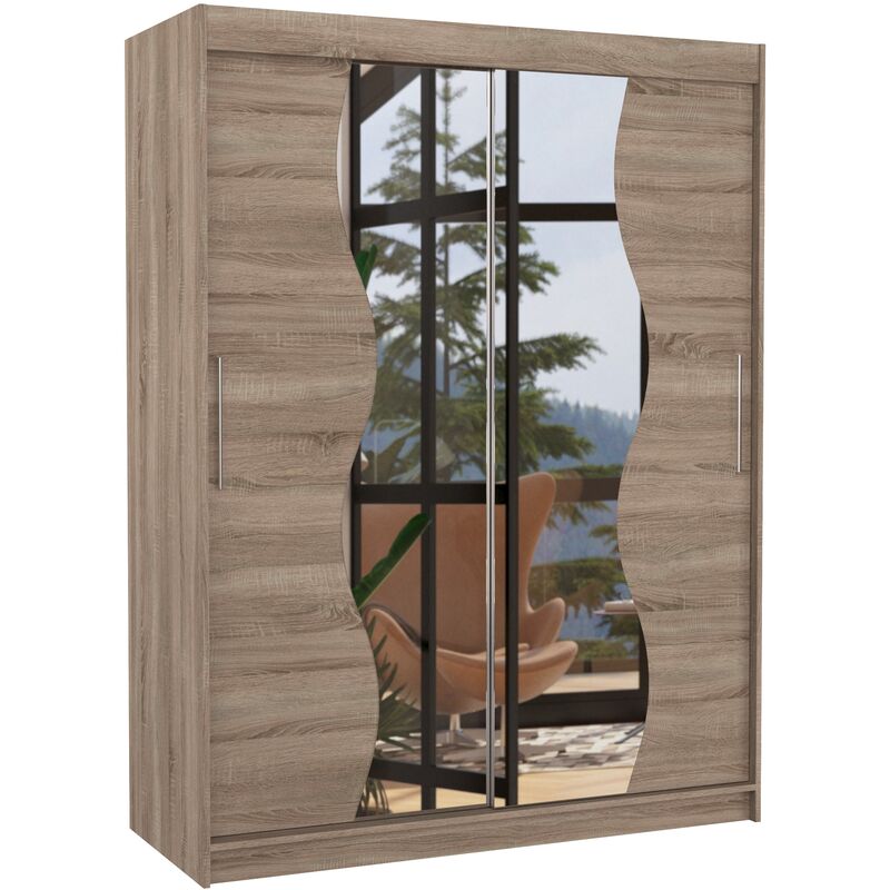 Les Tendances - Armoire de chambre bois truffe 2 portes coulissantes avec miroir Renka 150cm Les Tendances - Armoire de chambre bois truffe 2 portes coulissantes avec miroir Renka 150cm