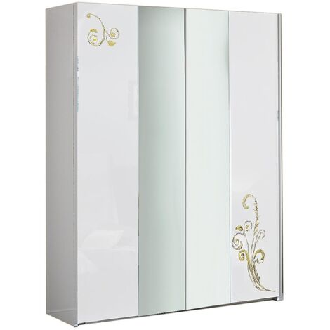 Armoire de chambre design 2 portes coulissantes bois laqué blanc et doré Jade 182cm