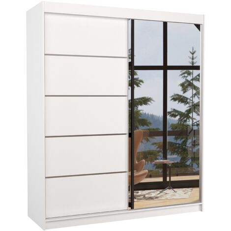 Armoire de chambre design blanche 2 portes coulissantes bois blanc et alu avec miroir Karena 180cm
