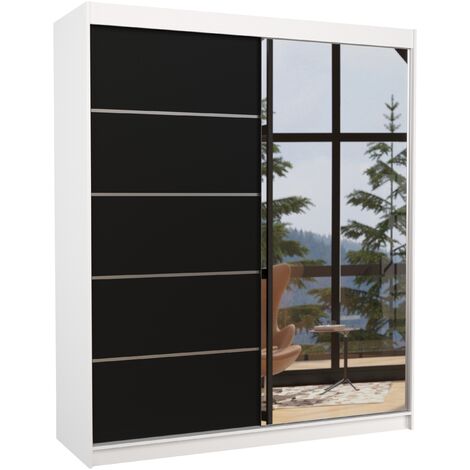 Armoire de chambre design blanche 2 portes coulissantes bois noir et alu avec miroir Karena 180cm