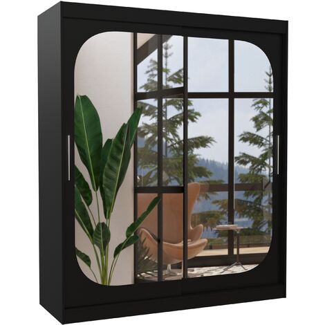 Armoire de chambre design noir 2 portes coulissantes avec miroir Ibizo 180cm