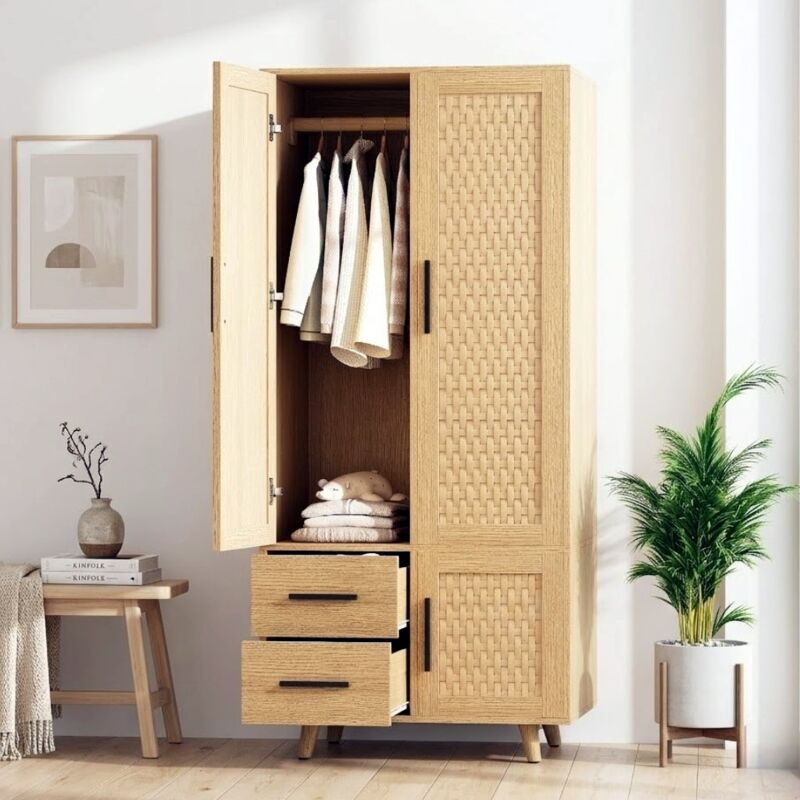 Armoire de Chambre en Bois Chêne avec Portes en Rotin Tressé - Garde-Robe 2 Tiroirs et Poignées Métal Noir, Pieds Cylindriques, 80x52x166 cm - Design