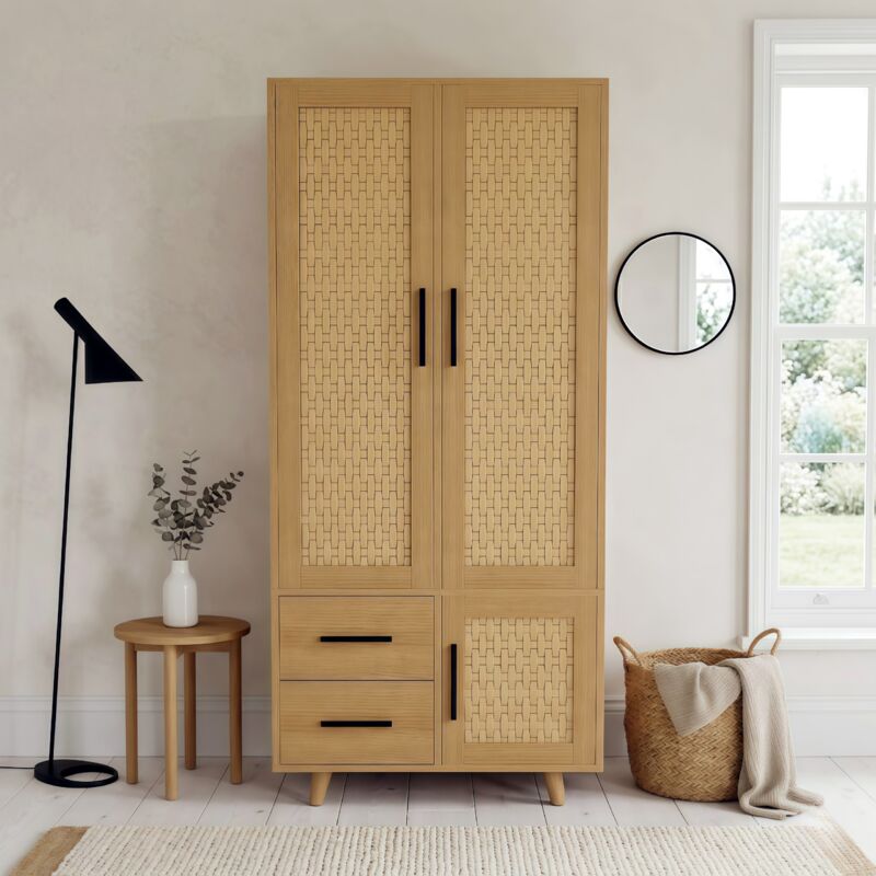 Armoire de Chambre en Bois Massif avec Tiroirs et Penderie