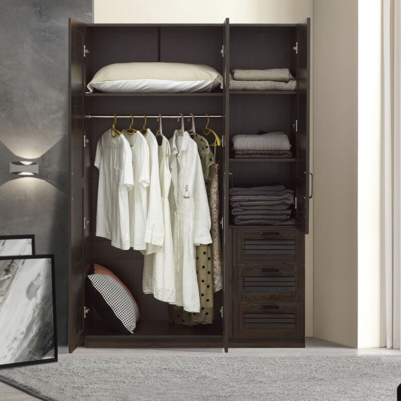 [en.casa] - Armoire de chambre Finning 4 étagères 3 tiroirs mdf 176 x 120 x 52 cm effet noyer foncé