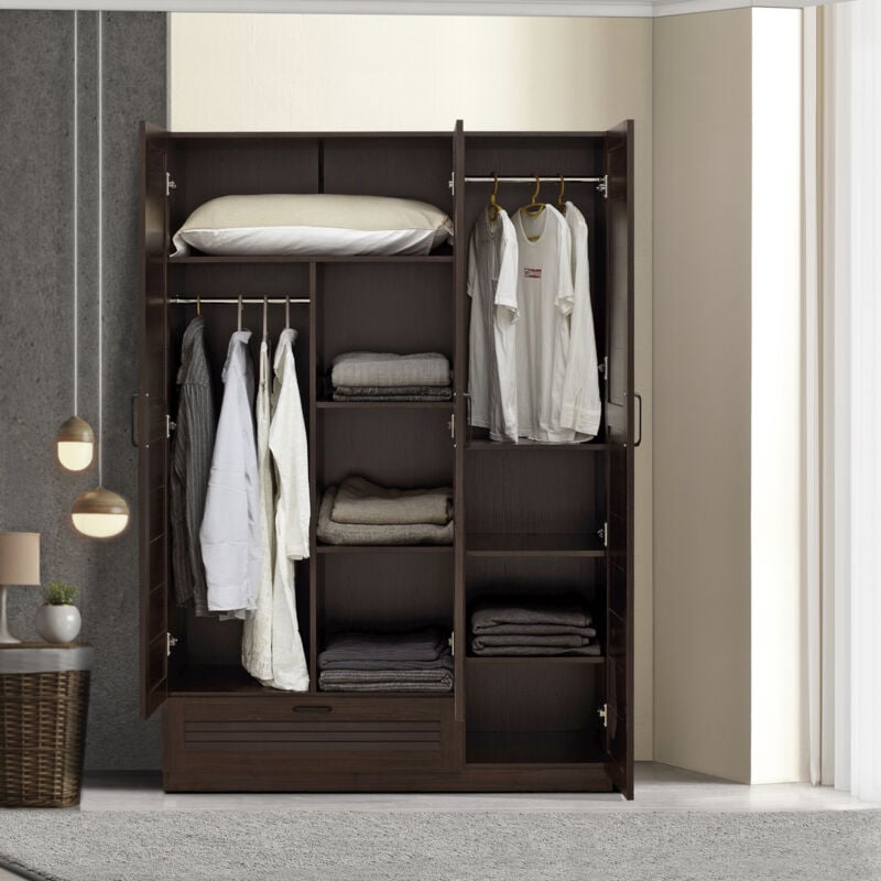[en.casa] - Armoire de chambre Finning 7 étagères 1 tiroirs mdf 176 x 120 x 52 cm effet noyer foncé