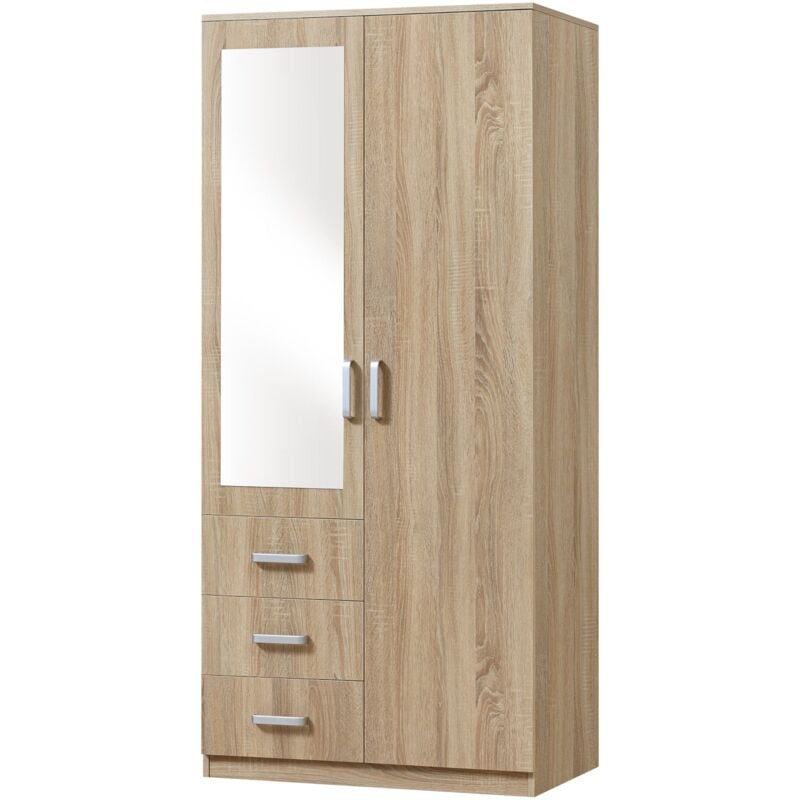 Helloshop26 - Armoire de chambre garde-robe moderne meuble de rangement intemporel 3 tiroirs + miroir mdf 176 x 80 x 52 cm effet chêne sonoma