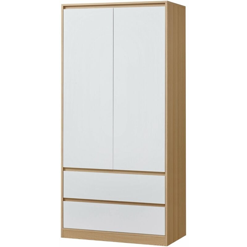 Armoire de chambre garde-robe moderne meuble de rangement intemporel avec 2 tiroirs mdf 176 x 80 x 52 cm effet chêne blanc
